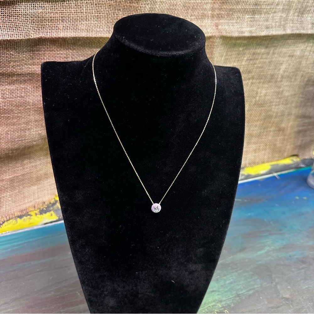 14k Yellow Gold with CZ Solitaire Lavender Enamel Halo Teen Pendant Necklace NWT